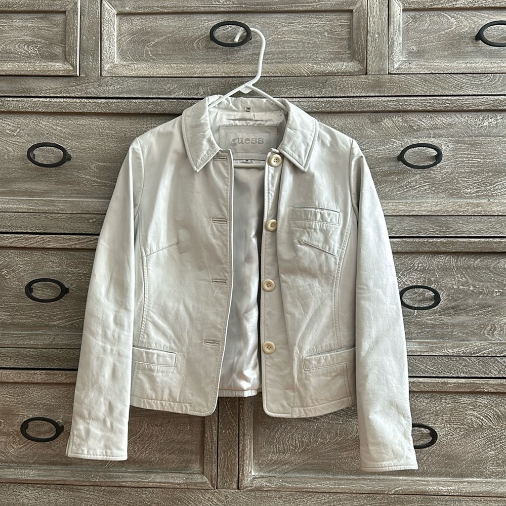 Vintage Guess White Leather Button Jacket - Size M